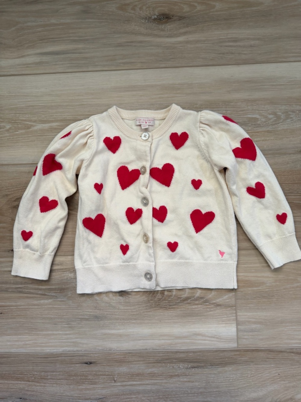 Pink Chicken Cream Cardigan with Red Heart Motif